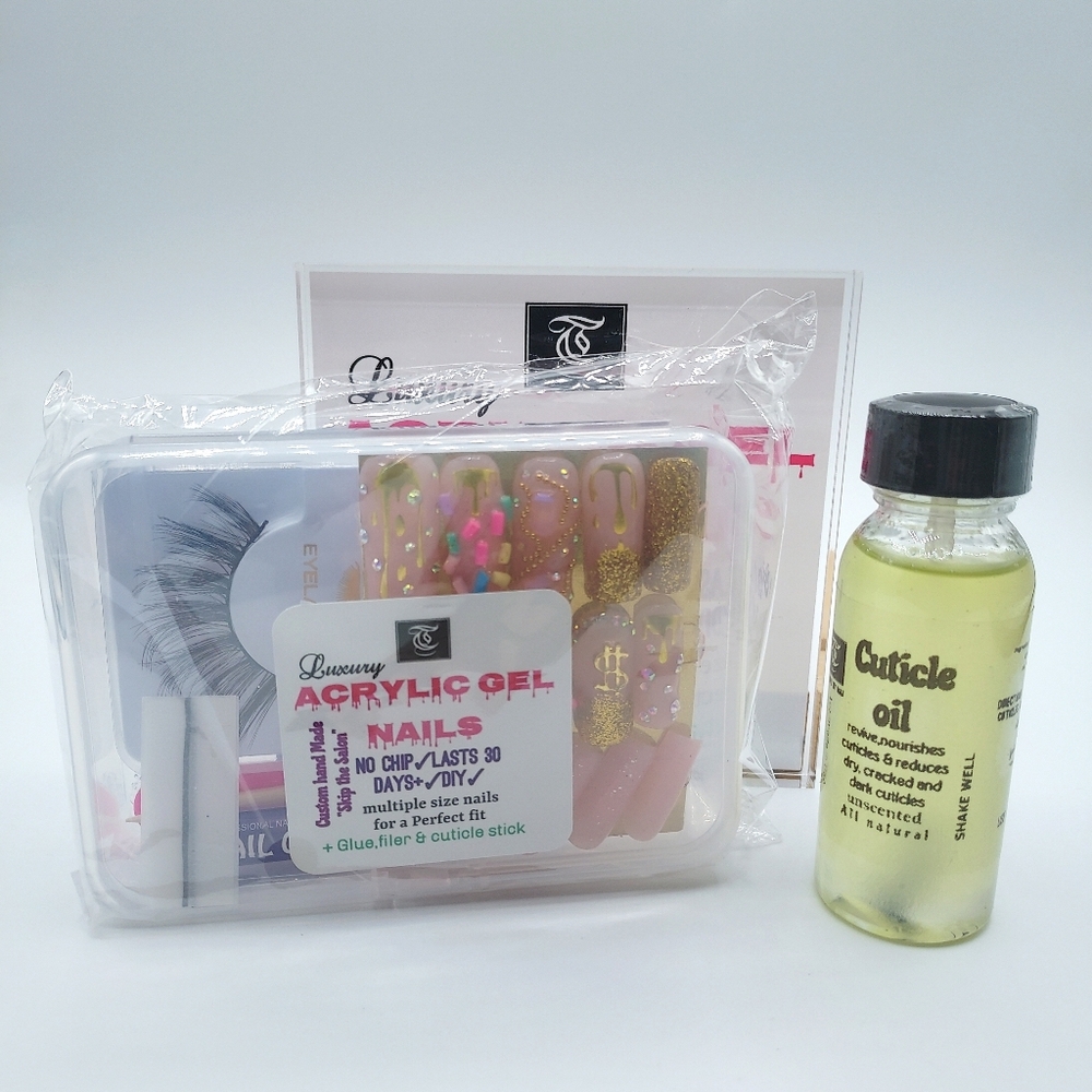 Acrylic Gel Nails with Eyelash Set+ Cuticle Oil